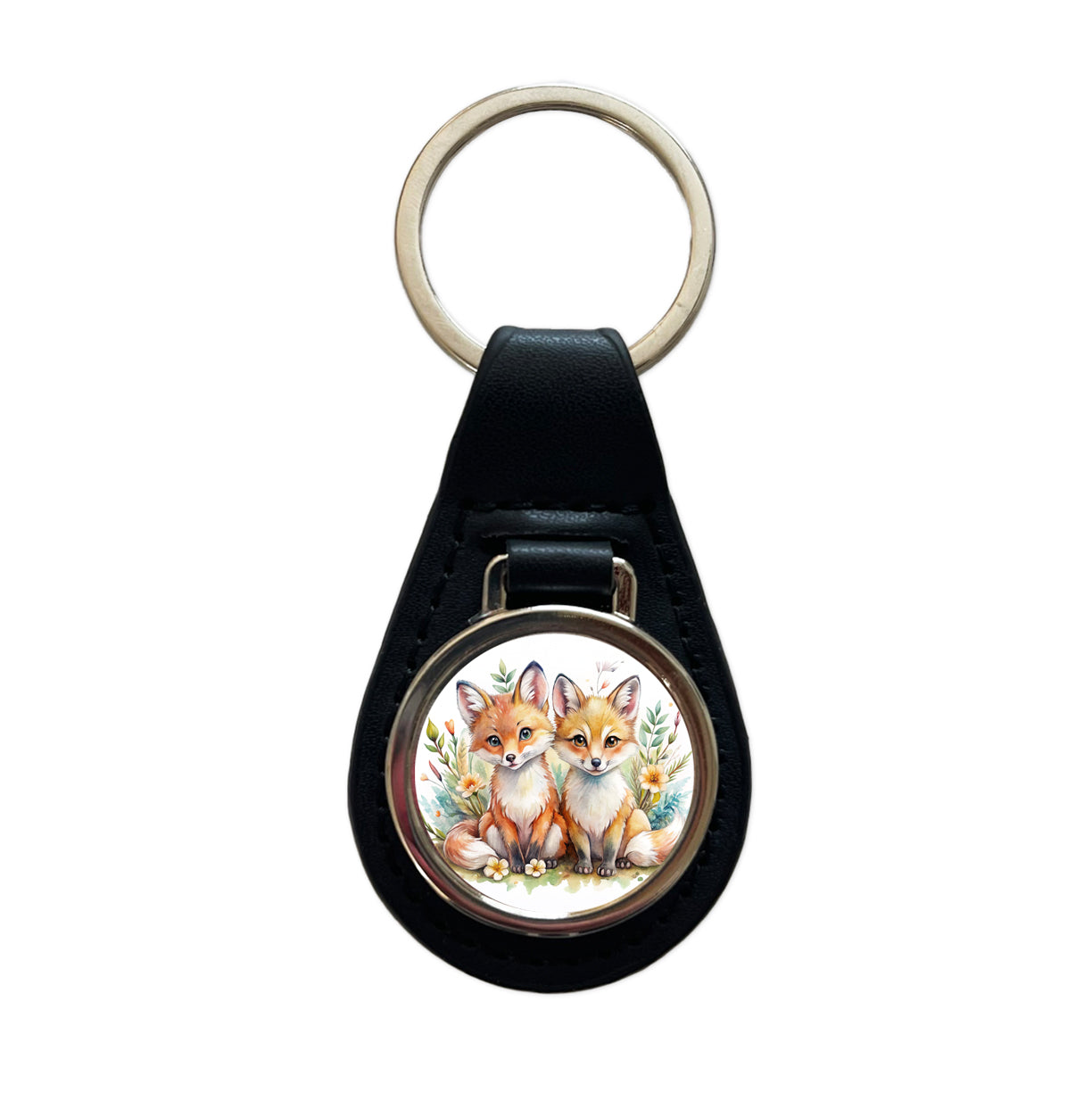 Two Sweet Foxes Black Leather Metal Keychain