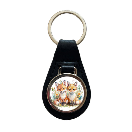Two Sweet Foxes Black Leather Metal Keychain