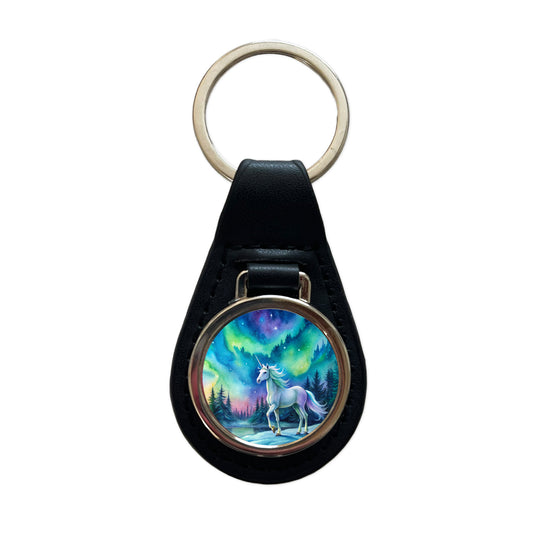 Unicorn Northern Lights Fantasy Watercolor Black Leather Metal Keychain
