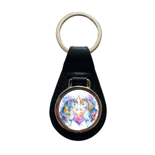 Unicorns In Love Valentine's Day Black Leather Metal Keychain