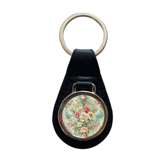 Victorian Flowers Floral Wallpaper Black Leather Metal Keychain