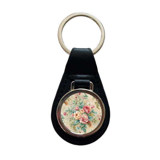 Victorian Flowers Wallpaper Black Leather Metal Keychain