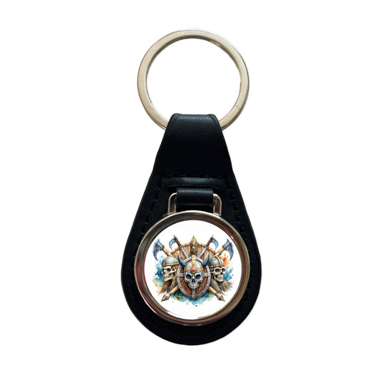 Viking Axes Shields And Skulls Watercolor Black Leather Metal Keychain