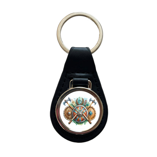 Viking Symbols Shields Axes Watercolor Black Leather Metal Keychain