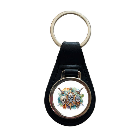 Viking Symbols Shields Swords Skulls Watercolor Black Leather Metal Keychain