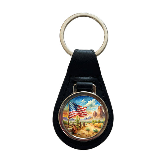 Western Americana American Flag Country Watercolor Black Leather Metal Keychain