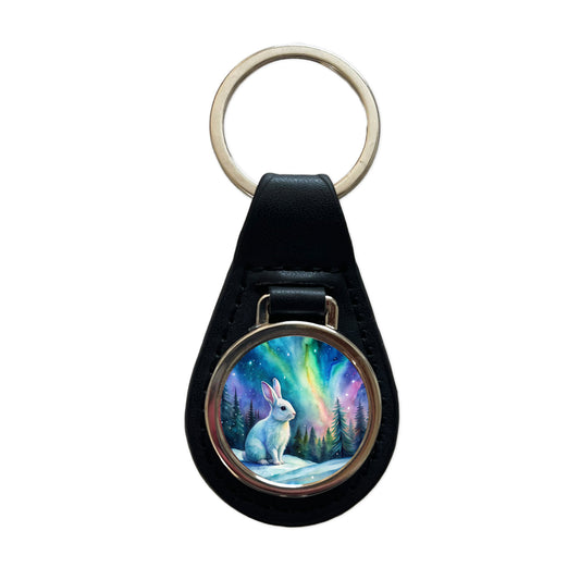 White Bunny Rabbit And Northern Lights Watercolor Black Leather Metal Keychain
