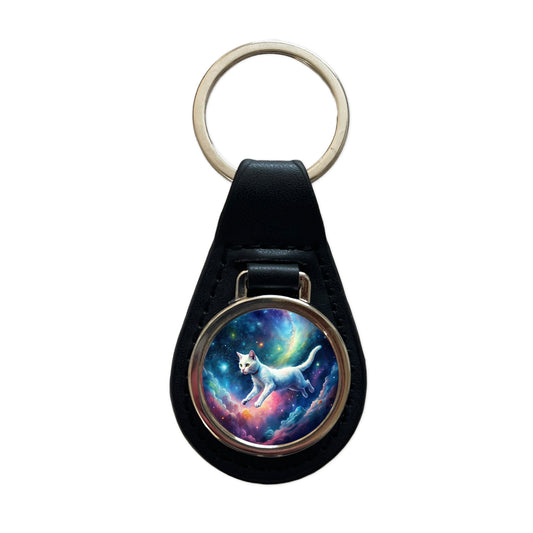 White Cat Flying Through Space Funny Watercolor Black Leather Metal Keychain