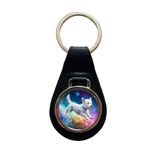White Dog Flying Through Space Funny Watercolor Black Leather Metal Keychain