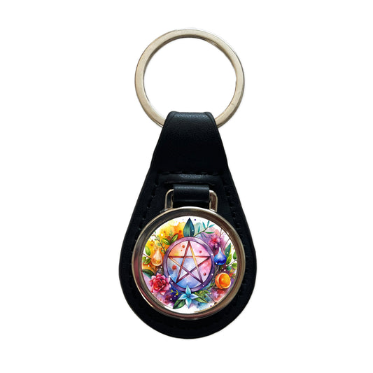 Witch Wiccan Pentagram Floral Watercolor Black Leather Metal Keychain