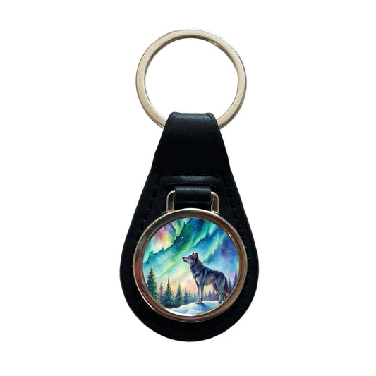 Wolf And Northern Lights Watercolor Black Leather Metal Keychain