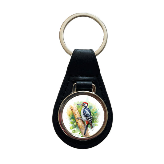 Woodpecker In Tree Bird Watercolor Black Leather Metal Keychain