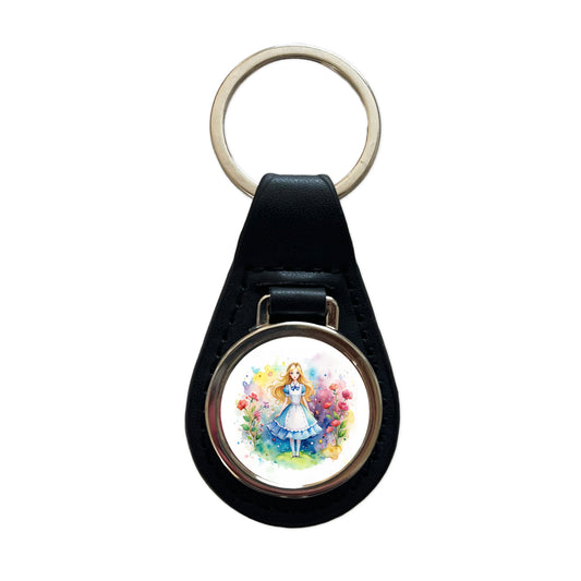 Alice In Wonderland Watercolor Black Leather Metal Keychain