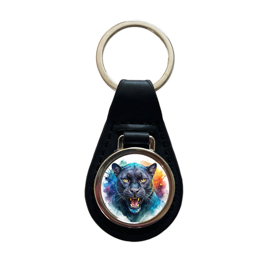 Angry Black Panther Watercolor Black Leather Metal Keychain