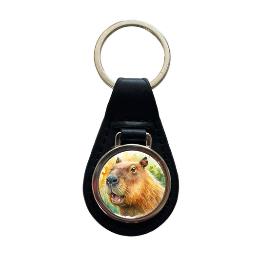 Angry Capybara Watercolor Black Leather Metal Keychain