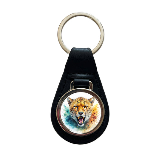 Angry Cheetah Watercolor Black Leather Metal Keychain