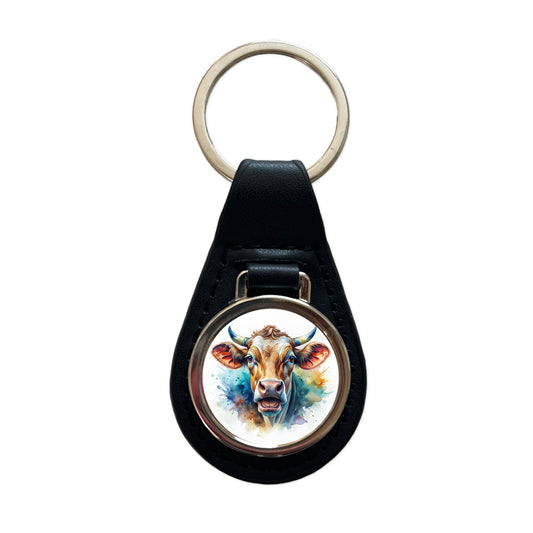Angry Cow Watercolor Black Leather Metal Keychain