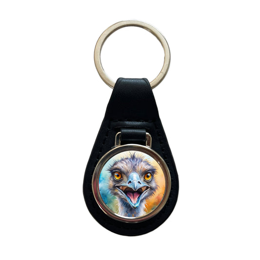 Angry Emu Watercolor Black Leather Metal Keychain