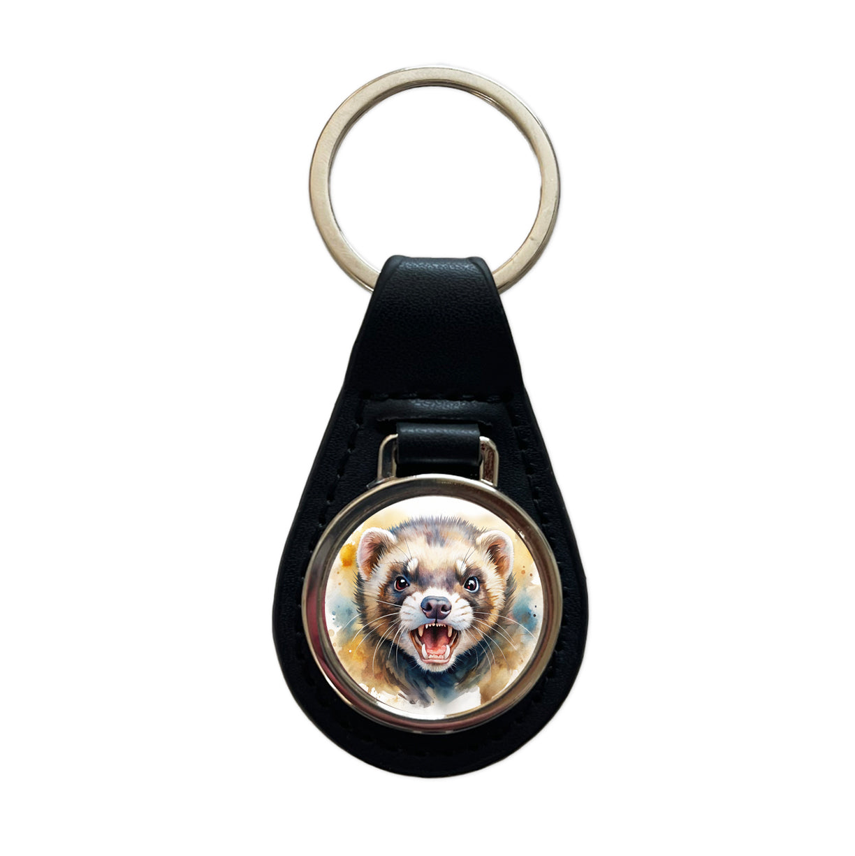 Angry Ferret Watercolor Black Leather Metal Keychain