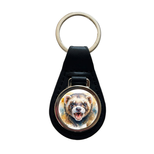 Angry Ferret Watercolor Black Leather Metal Keychain
