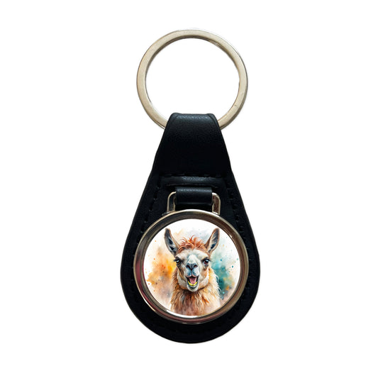 Angry Llama Watercolor Black Leather Metal Keychain