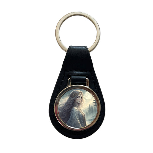 Anime Style Fantasy Princess Elf White Scene Black Leather Metal Keychain