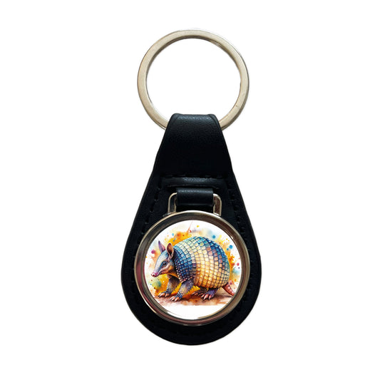 Armadillo Watercolor Black Leather Metal Keychain