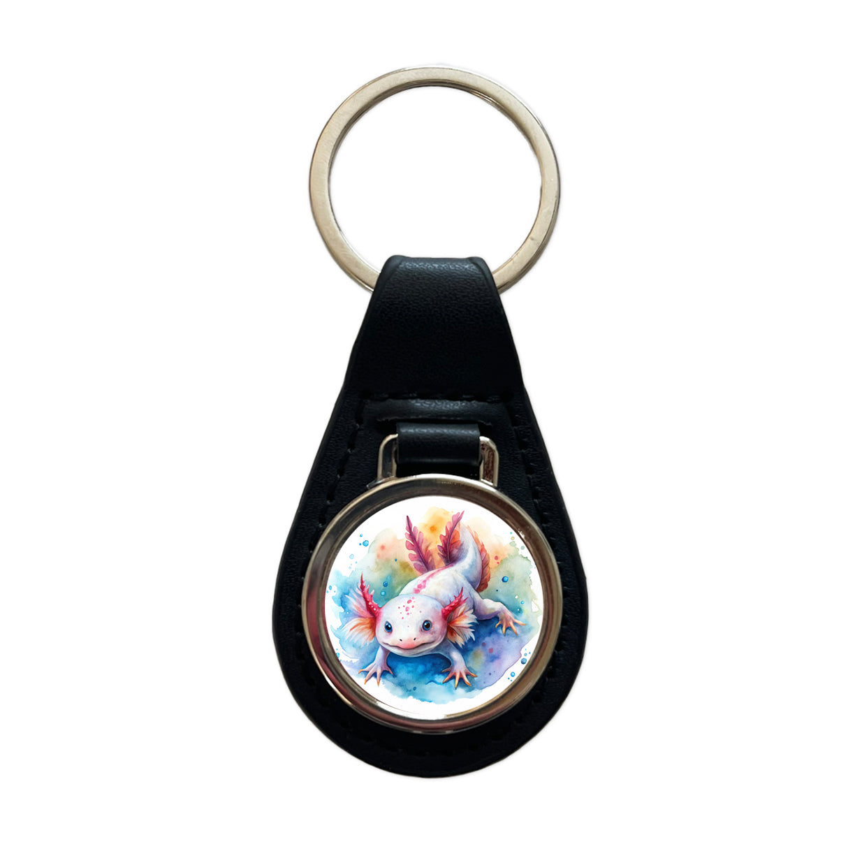 Axolotl Watercolor Black Leather Metal Keychain