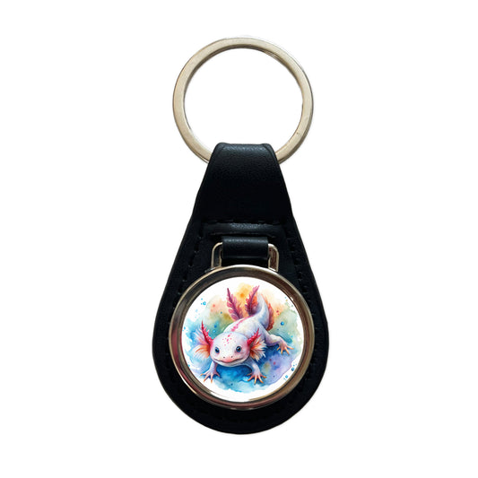 Axolotl Watercolor Black Leather Metal Keychain