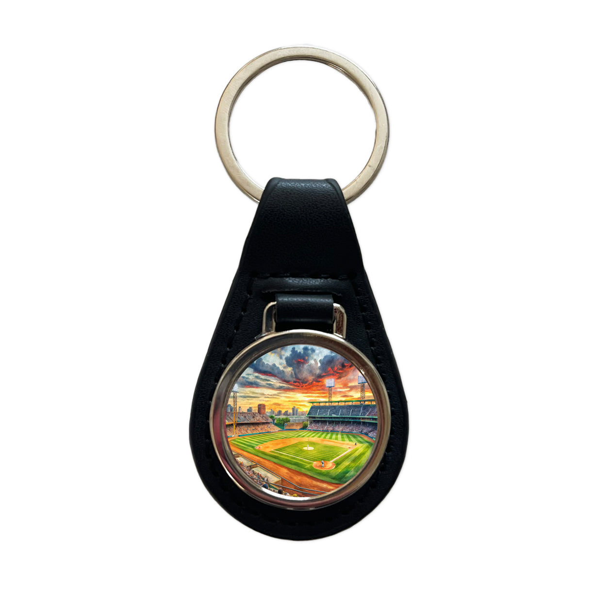 Baseball Game at the Stadium Black Leather Metal Keychain