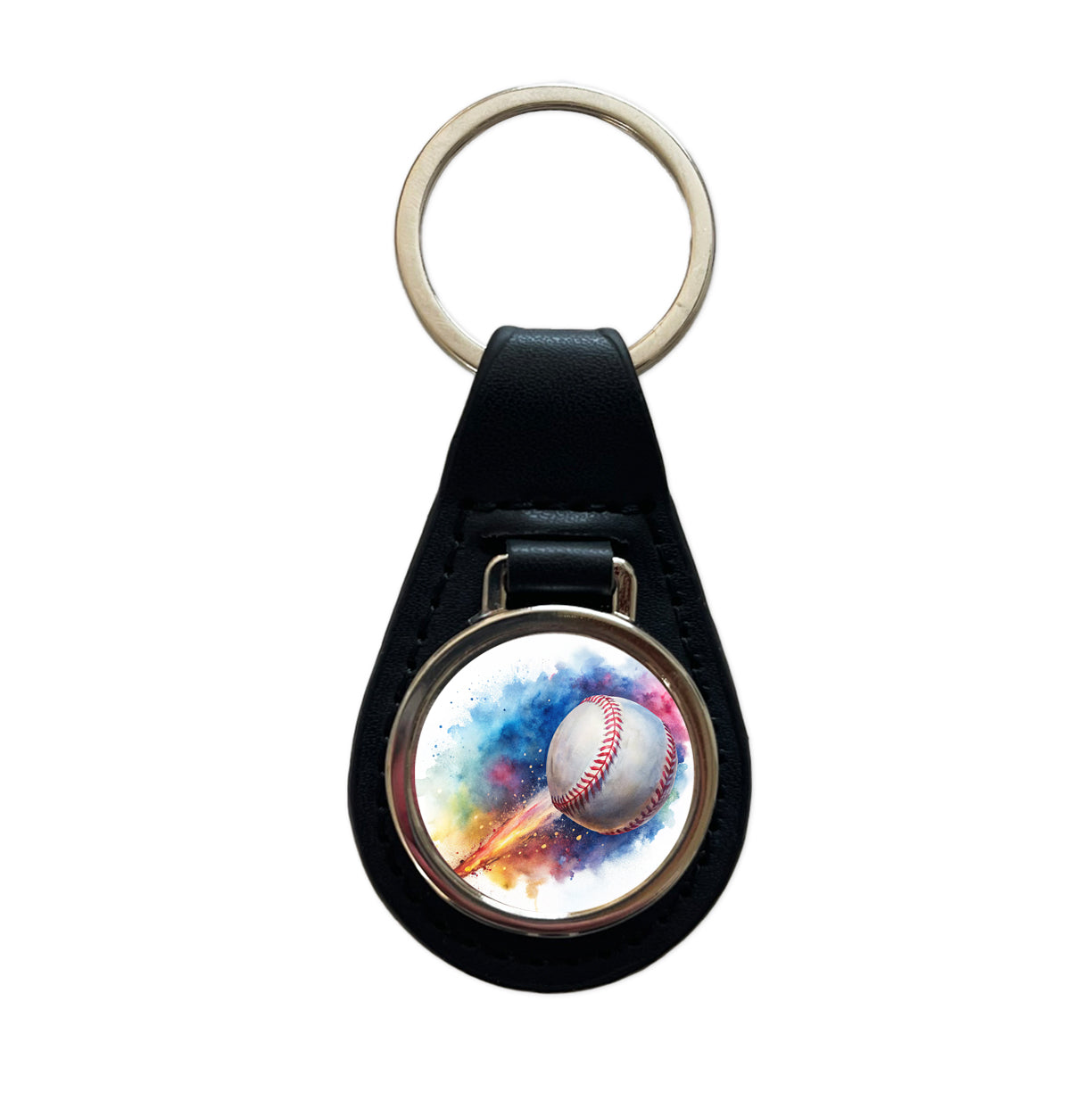 Baseball Rocketing Through The Air Watercolor Black Leather Metal Keychain