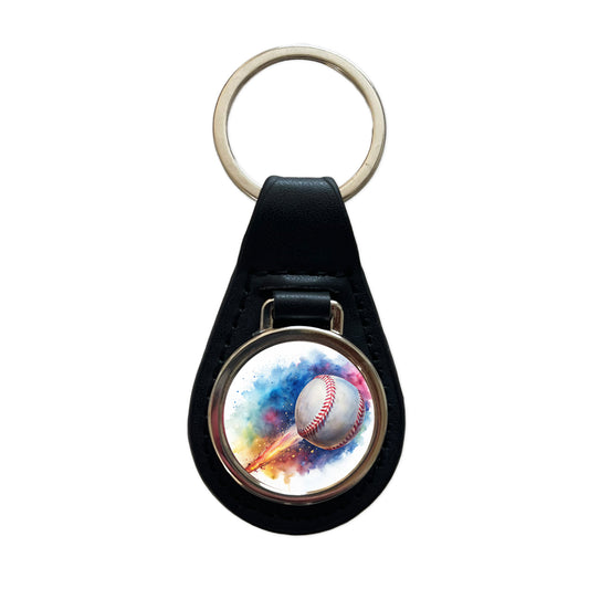 Baseball Rocketing Through The Air Watercolor Black Leather Metal Keychain