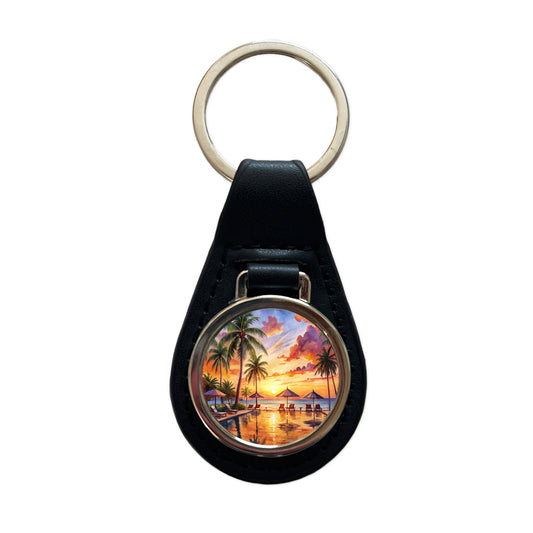 Beach Resort At Sunset Sunrise Tropical Watercolor Black Leather Metal Keychain