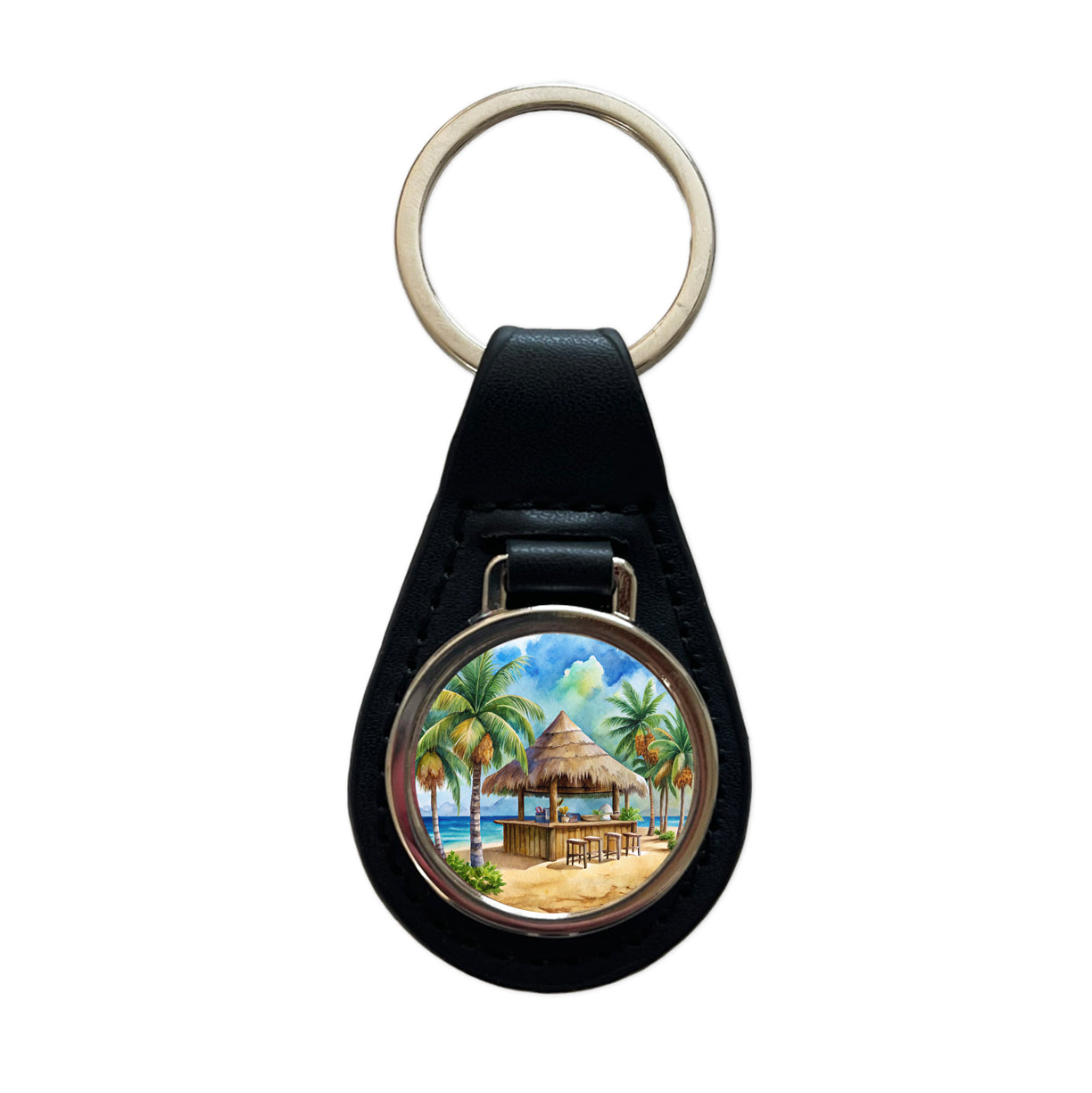 Beach Resort Tropical Scene With Tiki Bar Black Leather Metal Keychain