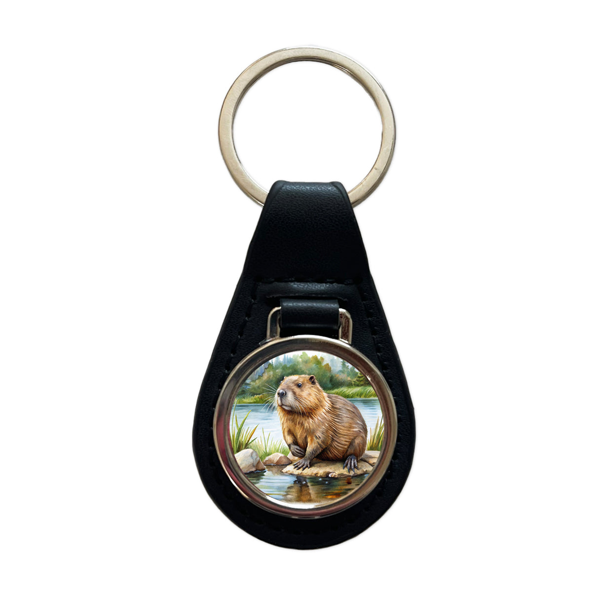 Beaver in the Pond Dam Watercolor Black Leather Metal Keychain