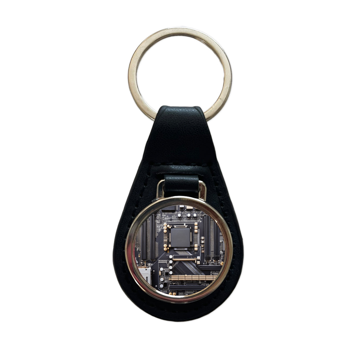 Black Gaming Computer Motherboard Black Leather Metal Keychain