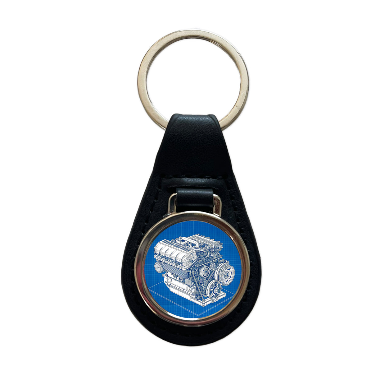 Blueprint Of Car Engine V8 Black Leather Metal Keychain