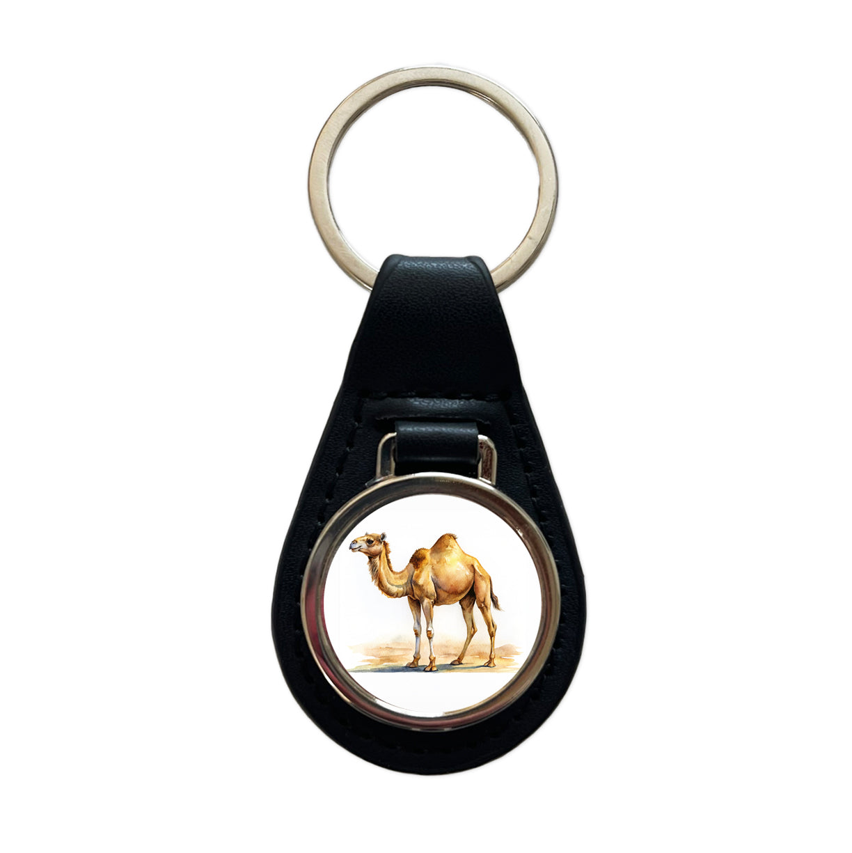Camel Standing Watercolor Black Leather Metal Keychain
