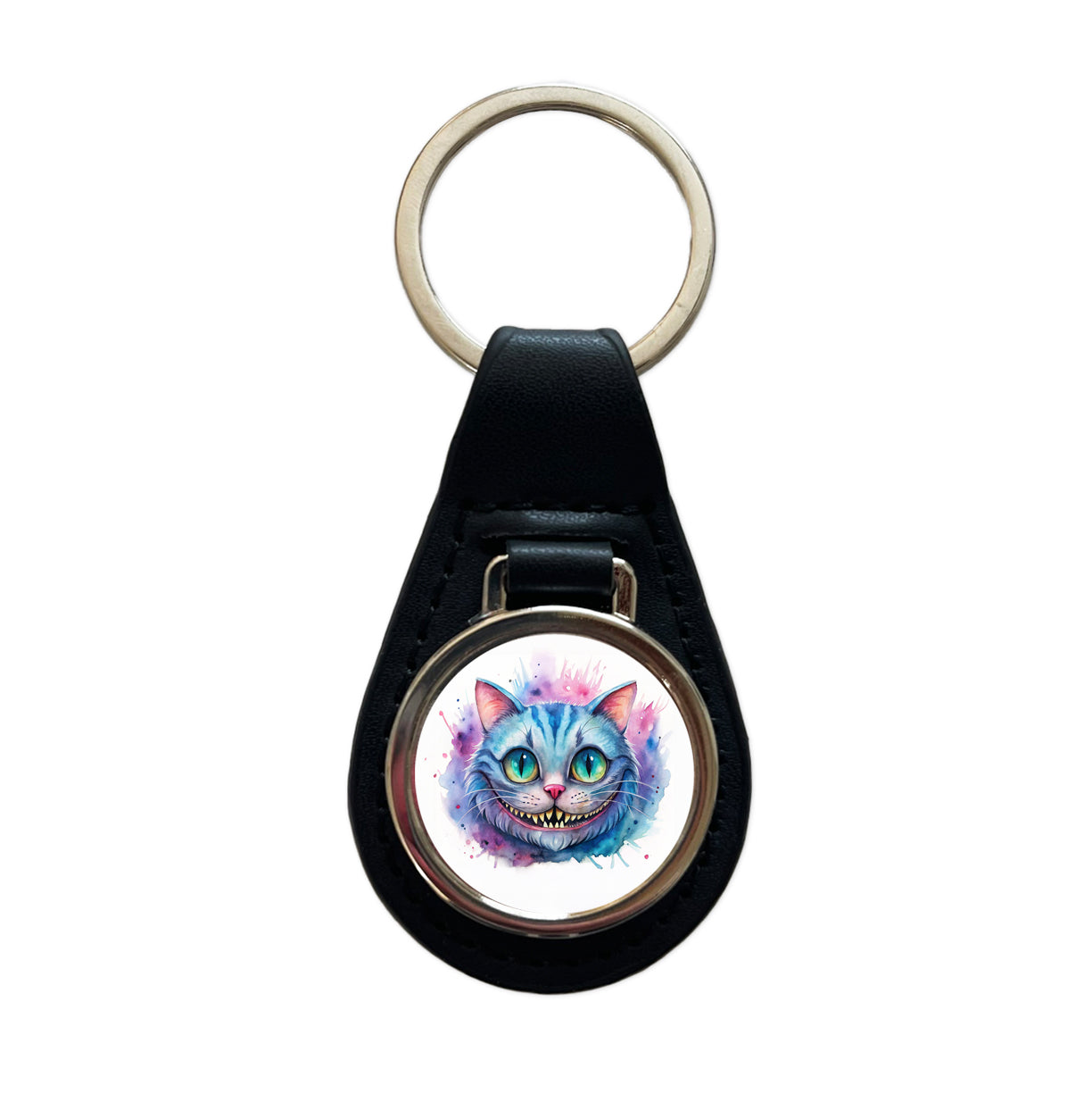 Cheshire Cat Alice in Wonderland Watercolor Black Leather Metal Keychain