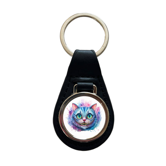 Cheshire Cat Alice in Wonderland Watercolor Black Leather Metal Keychain