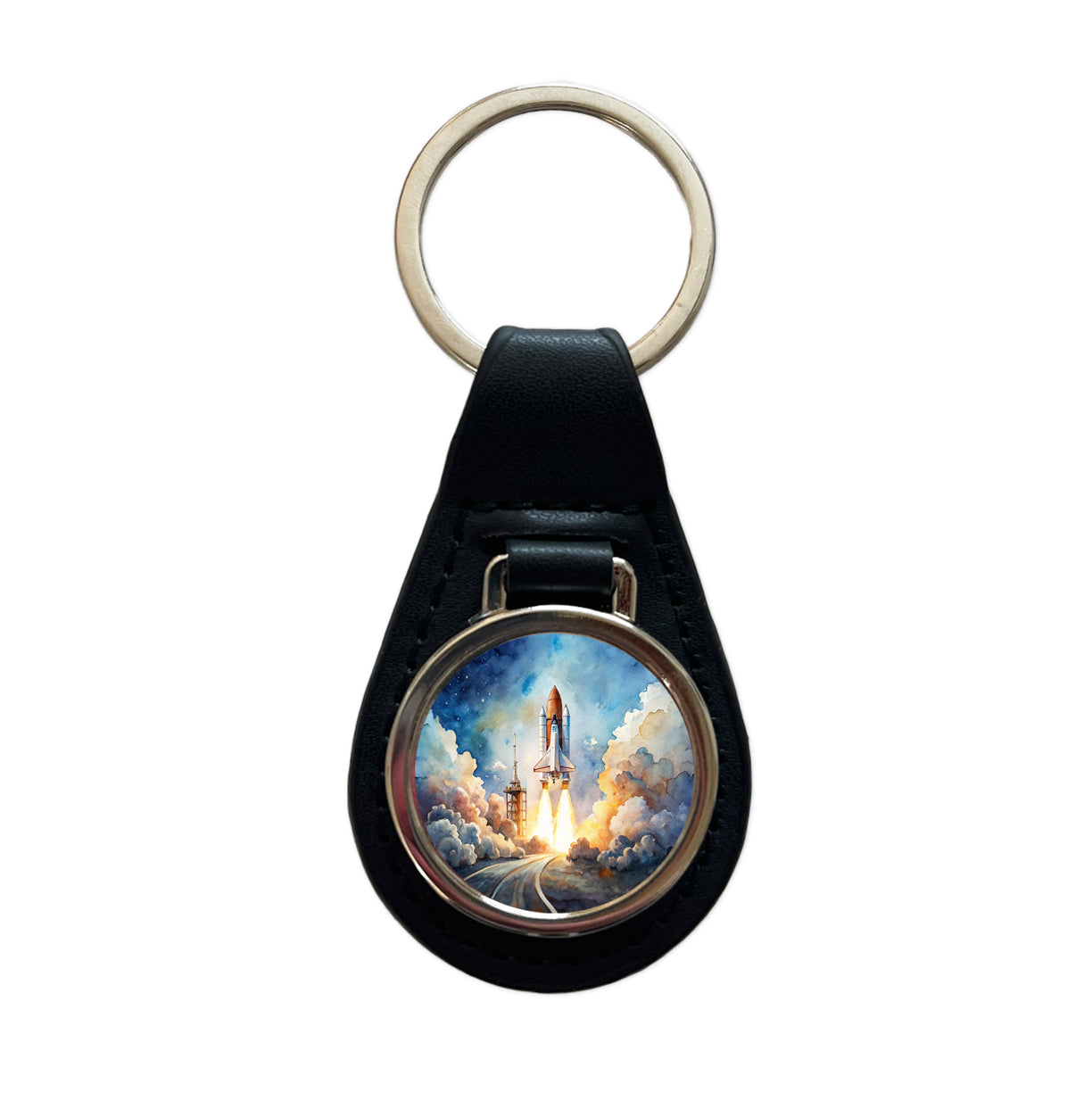 Classic Space Shuttle Launch Watercolor Black Leather Metal Keychain