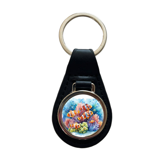 Clown Fish Swimming Around Coral Watercolor Black Leather Metal Keychain