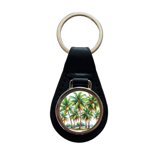 Coconut Trees Tropical Beach Watercolor Black Leather Metal Keychain
