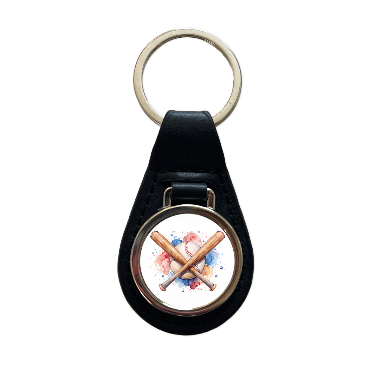 Crossed Baseball Bats And Balls Watercolor Black Leather Metal Keychain