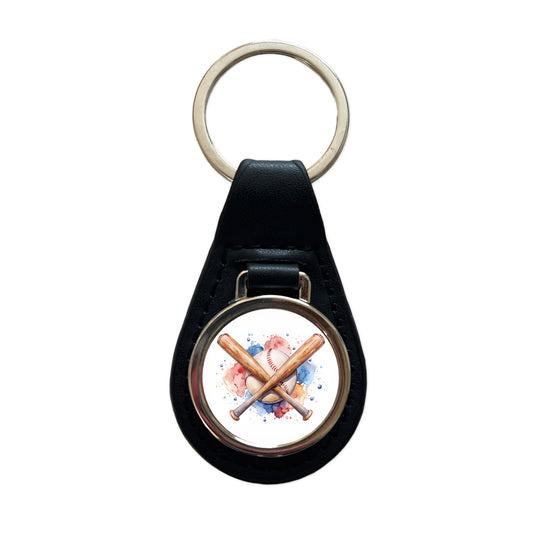 Crossed Baseball Bats And Balls Watercolor Black Leather Metal Keychain