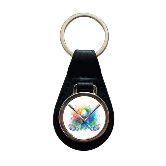 Crossed Golf Clubs And Ball Watercolor Black Leather Metal Keychain