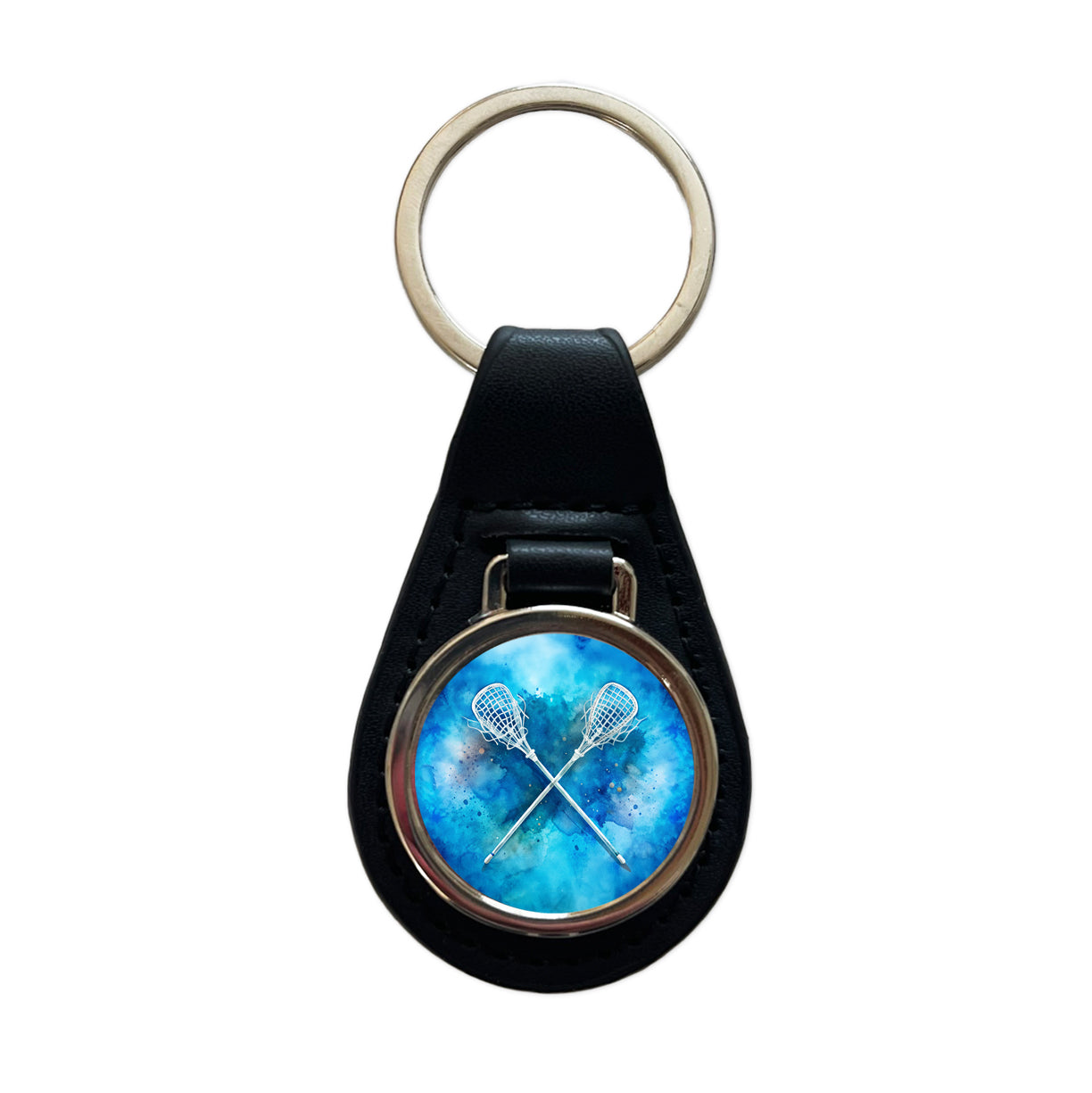Crossed Lacrosse Sticks On Blue Background Black Leather Metal Keychain