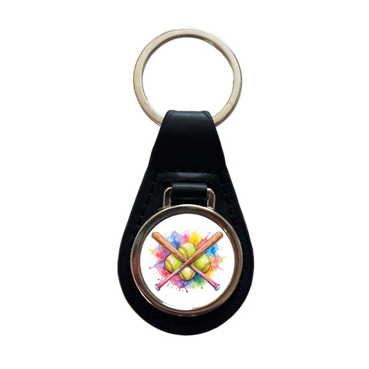 Crossed Softball Bats And Balls Watercolor Black Leather Metal Keychain