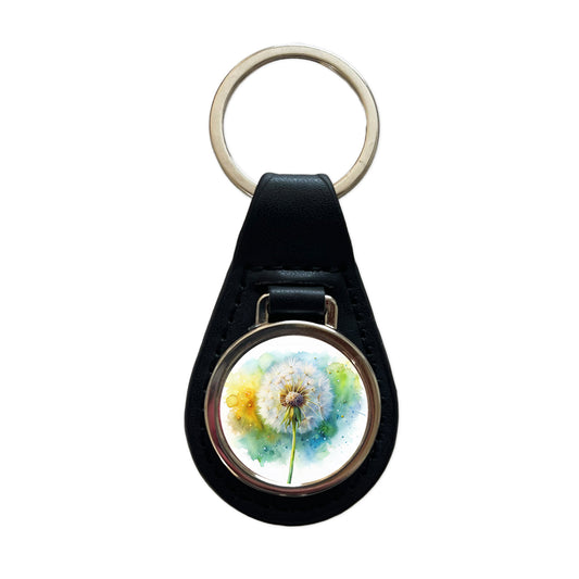 Dandelion Watercolor Black Leather Metal Keychain