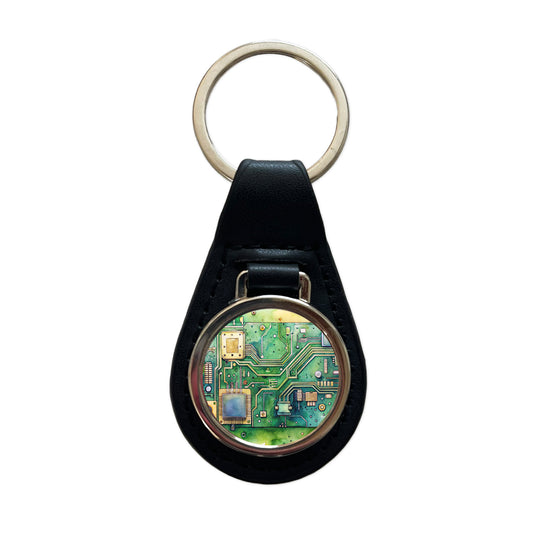 Detailed Circuit Board Watercolor Black Leather Metal Keychain